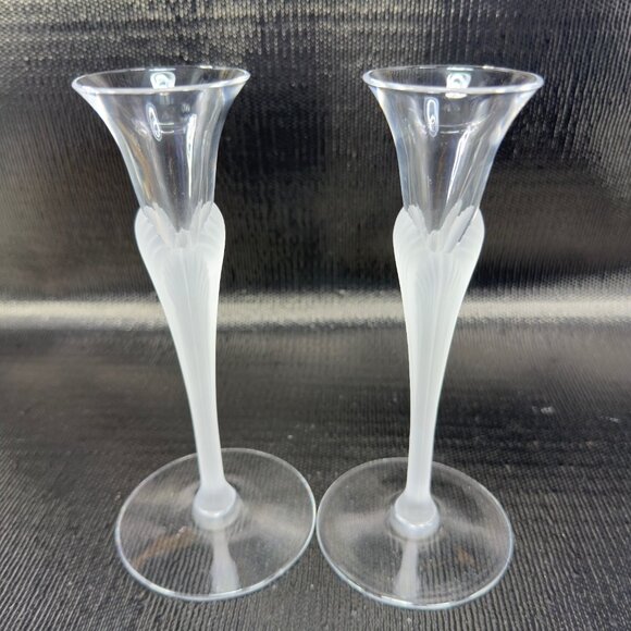Sasaki Other - Sasaki Aegean Clear Frosted Stems Glass Crystal Candlestick Holder Set 2 Vintage